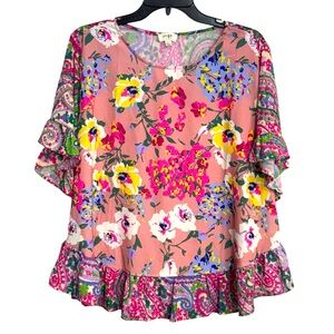 Umgee Floral Ruffle Blouse - Pink, Yellow, Blue